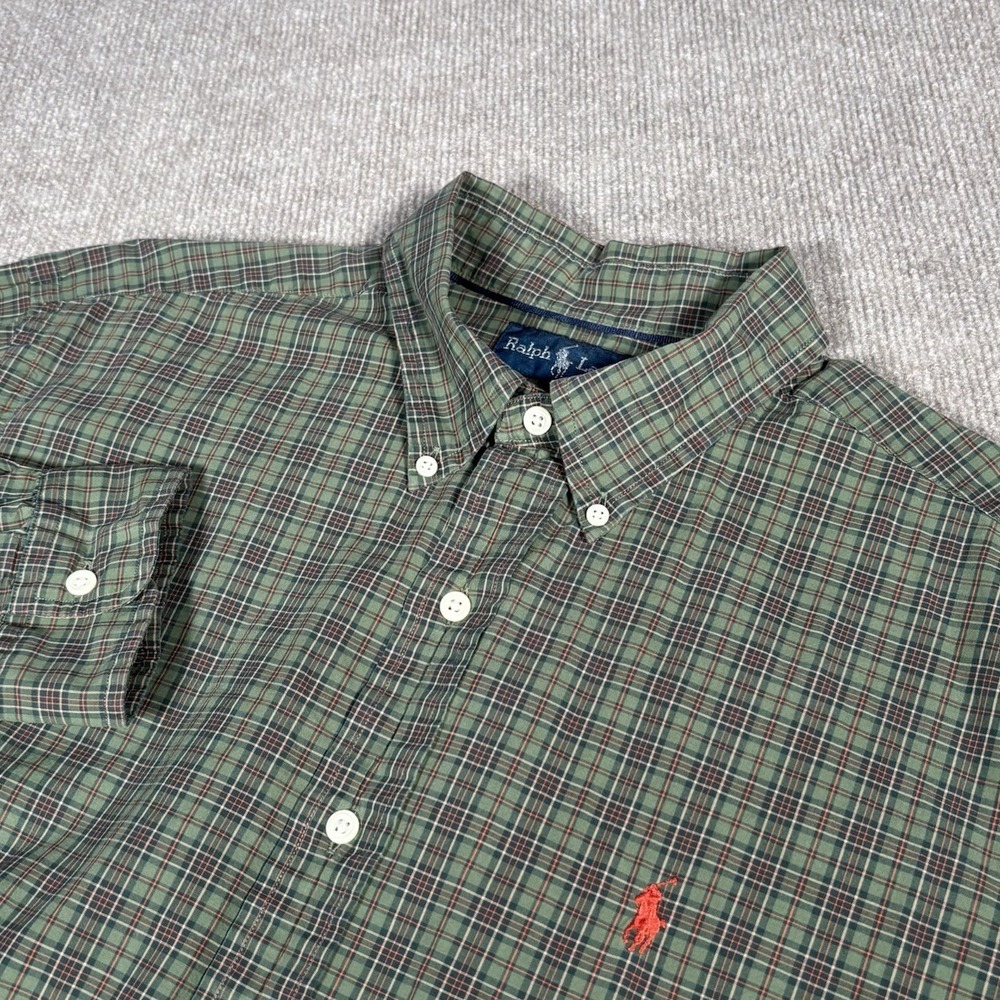 Vintage Polo Ralph Lauren Shirt Mens L Green Plaid Cotton Button Down Preppy 90s